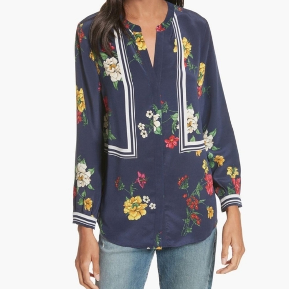 Joie Navy Floral Silk Blouse
